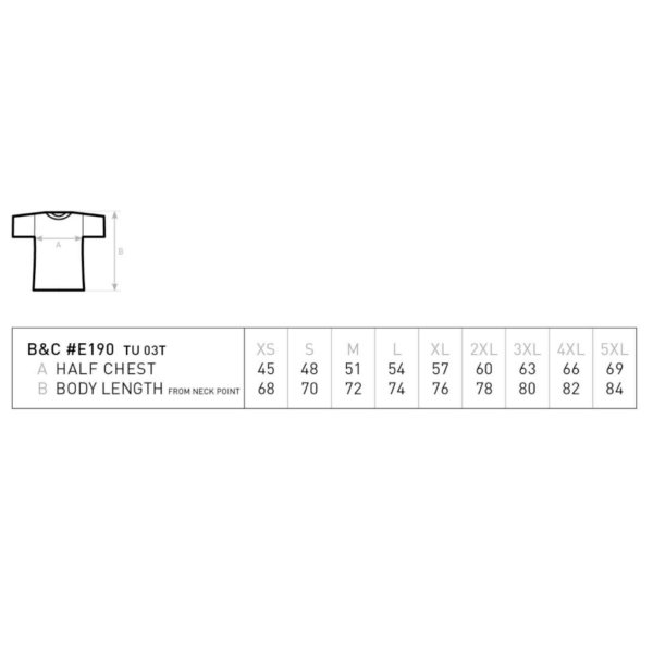 Sizes of B&C Collection t-shirts