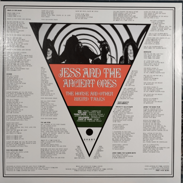 Text about band members and who has been doing the album and cover artwork. Upside down triangle in the middle with text also. Free your mind!