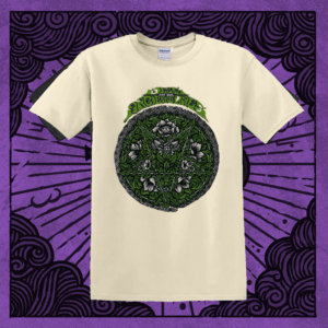 White t-shirt where is pic of pentagram upside down inside of a circle shape snake around. Filled with green leafs and gray flowers. Written text above Jess and the Ancient Ones it. T-shirt on purple background.