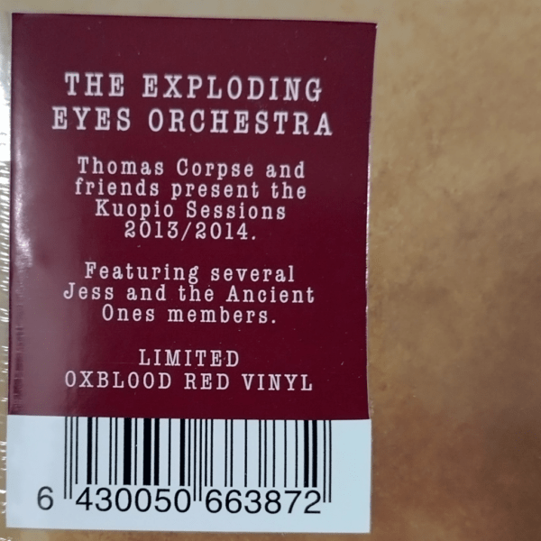 Sticker on album cover of red vinyl explaining about the band. Barcode below.