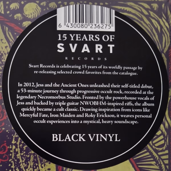Sticker on album JATAO cover of black vinyl explaining about the album. Barcode above.