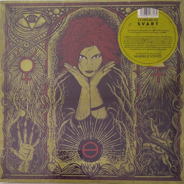 Various occult symbols on the pages. A woman's head in the middle, curly hair and palms on the sides of her face. The main color of the picture is green. lime&black vinyl sticker with the text on the up right corner.