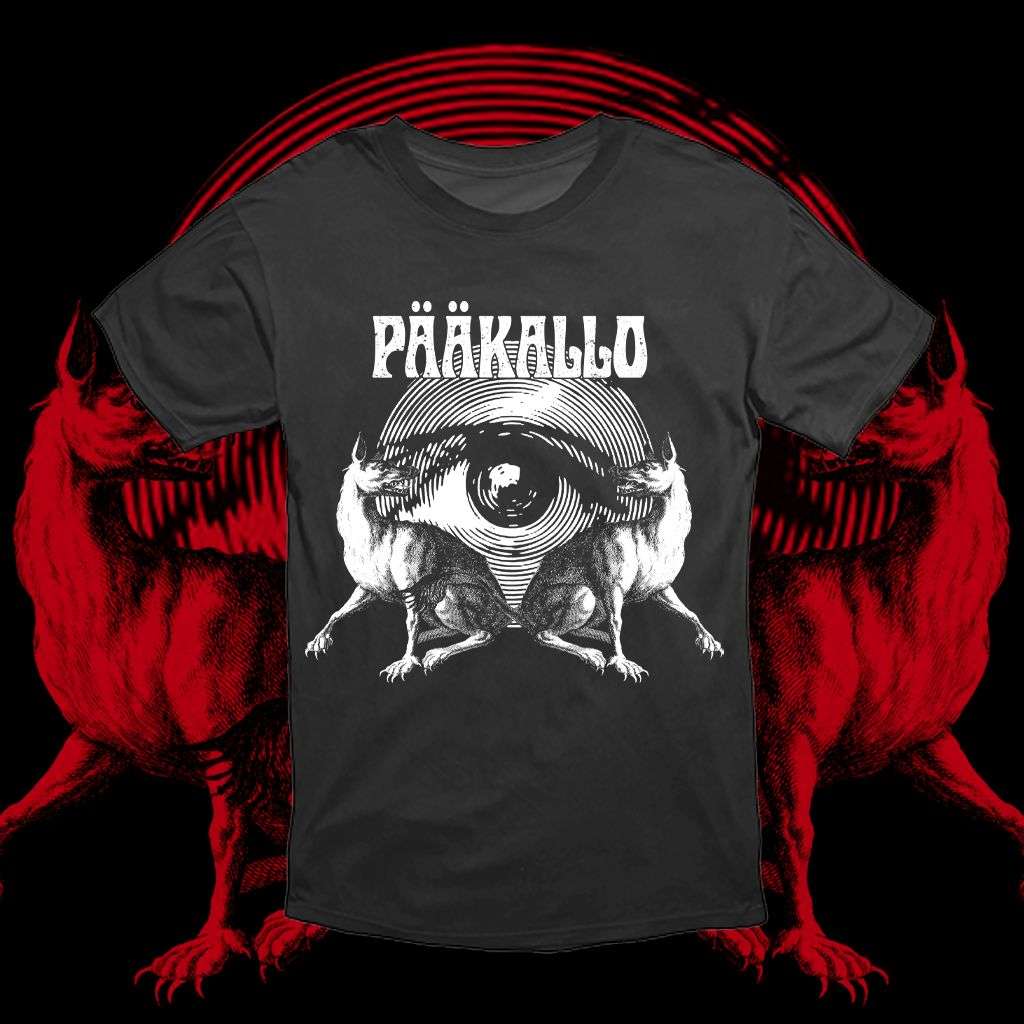 Black background with red wolf-like animals and round shape red lines. T-shirt pic is same as background, but white. Band name Pääkallo above the pic.