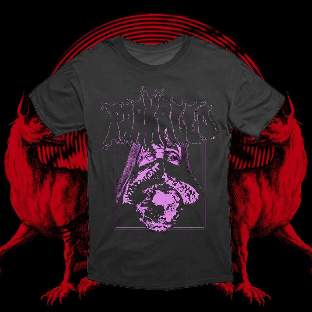 Black background with two mirror images of red wolf-like animals and round shape red lines. T-shirt front on background and t-shirt pic is all purple, female face covered of scarf and earth planet. Above text Pääkallo.