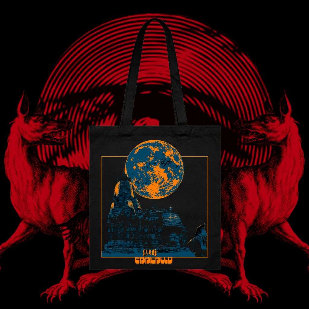 Black background with red wolf-like animals and round shape red lines. Bag pic is blue and orange moon and building in orange frames. Band name Pääkallo under the ferames.