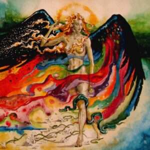 Nude woman with colorful wings. A snake around the leg. White flowers spread on the ground. Watercolor painting.
