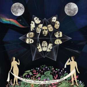 Basically dark background, two moons on up corners, people faces in the middle in symmetry form. On the bottom naked woman and man holding like a sheet where text Second Psychedelic Coming: The Aquarius Tapes.