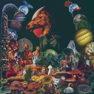 Album cover The Horse and Other Weird Tales, lot of different things in pic, planets, horse head in the middle, scull, maze, mushroom, totem etc.