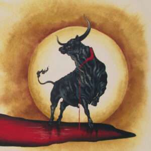 Yellow round backgroud, black bull with cutted neck and blood is floving a lot on the ground.