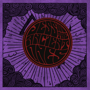 Black text Jess and the Ancient Ones on purple background. Round shaped sleeve patch item.
