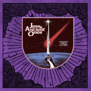 Jess and the Ancient Ones sleeve patch Strange Earth Illusion pic on purple background. Shape of patch is round bottom and straight up side. Pic in patch is hand holding sword up with texts Jess & the Ancient Ones and Strange Earth Illusion.