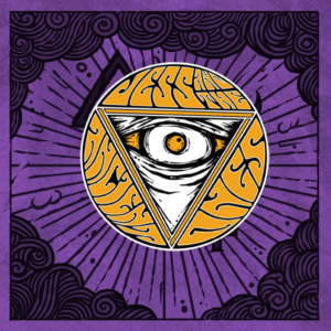 Jess and the Ancient Ones Sleeve Patch pic with purple background, where in the middle is Yellow Eye inside of triangle pointing down. Band name around triangle.