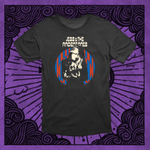 Jess and the Ancient Ones black T-shirt Born to Kill pic on purple background. White woman with skull on lap inside of blue and red stripes on circle shape.