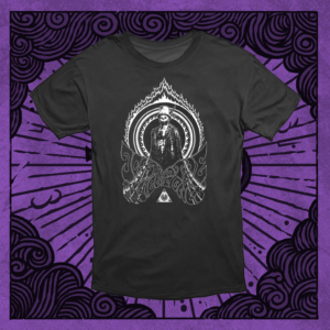 Pic of t-shirt Love Zombi on purple background. Zombi in the middle with hat and feather in hat. Eye on the bottom. White pic on black shirt.