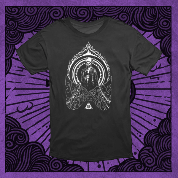 Pic of t-shirt Love Zombi on purple background. Zombi in the middle with hat and feather in hat. Eye on the bottom. White pic on black shirt.