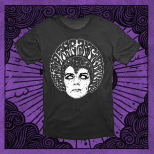 White head on black t-shirt. Around the head text Jess and the Ancient Ones. On purple background.