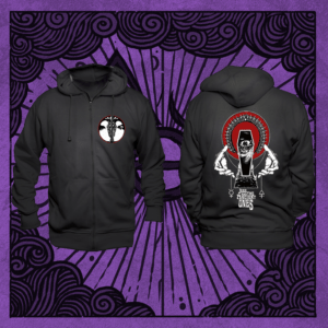 Pic of zipper hoodie on purple background. Hoodie on front and back. pic on hoodie front left round shaped face. Back pi with coffin and palms on the side of coffin. Few occult symbols and text Jess and the Ancient Ones on the bottom